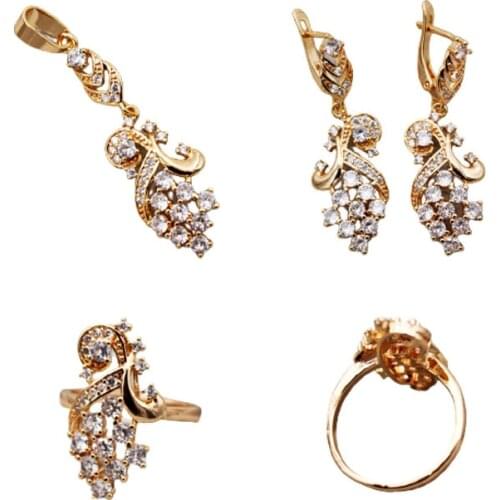 Trendy New Fashion Jewelry Sets accessories Gold Hoop Earrings Rings Necklace Pendent White Stone Zircon Women 3pcs set