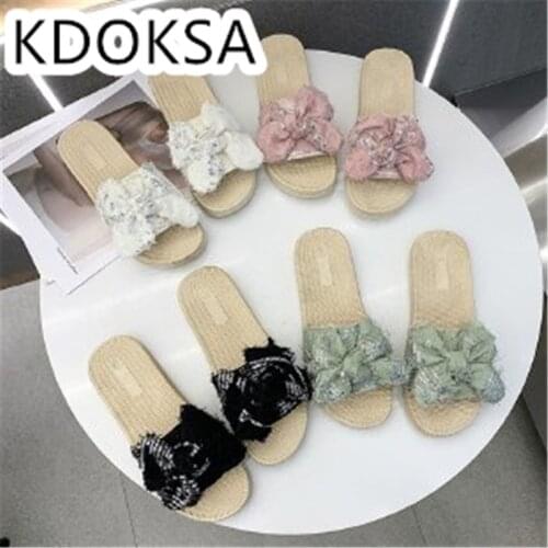 2021 New Summer Sequin Bow Korean Outdoor Linen Slippers School Girls Flat Slippers