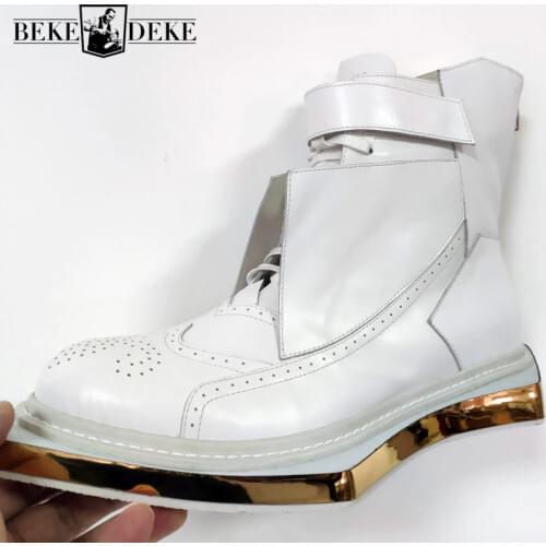 Runway Vintage Cow Leather Ankle Boots Men Carved High-Top Brogue Shoes British Style Geometric Sole Lace Up Work Knight Boots