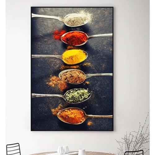 Spices in Spoons for Cooking Canvas Art Posters And Prints Kitchen Theme Canvas Paintings On the Wall Art Pictures Kitchen Decor