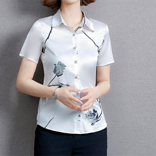 Womens Shirt Silk Blouses for Women Printed Floral Shirt Short Sleeve Tops White Polo Neck Satin Clothing Woman Basic Shirts OL