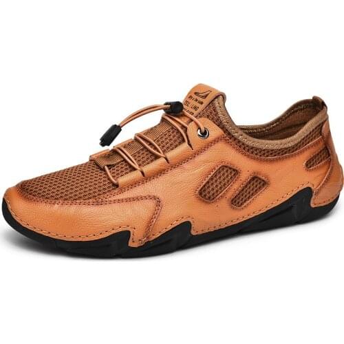 Summer Breathable Mesh Shoes Men Loafers Leather Splicing Casual Shoes Soft Driving Shoes Men Flats Walking Lightweight Footwear