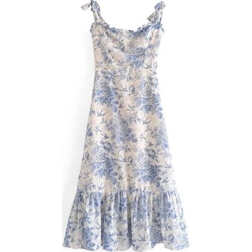 Vintage Floral Print Dress French Style Spaghetti Strap Slim Back Zipper Summer Elegant Fashion Ladies Vestidos Mujer 2021