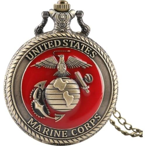 Vintage Quartz Pocket Watch for Men U.S Marine Corps Watches for Boys Flower Carving Pendant Watch Chain for Teens