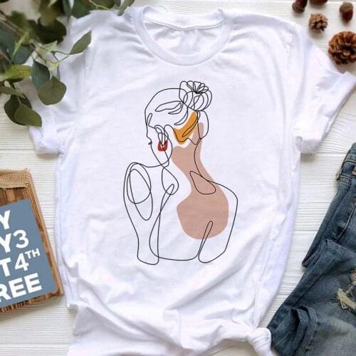 Women Line Art Print Female Tshirt Summer Harajuku Short Sleeve White T Shirts Women Casual Round Neck Tops Kawaii Clothes