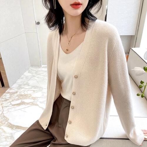 2021 New Women Cashmere Cardigan Spring Autumn V-Neck Knitted Base Shirt 100%Wool Wild Short Sweater Coat Solid Color Large Size