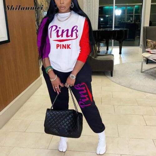 2021 New Casual Tracksuit Set Women Pink Letter Print Long Sleeve Top And Pants Plus Size Spring Streetwear Two Piece Outfit 3XL