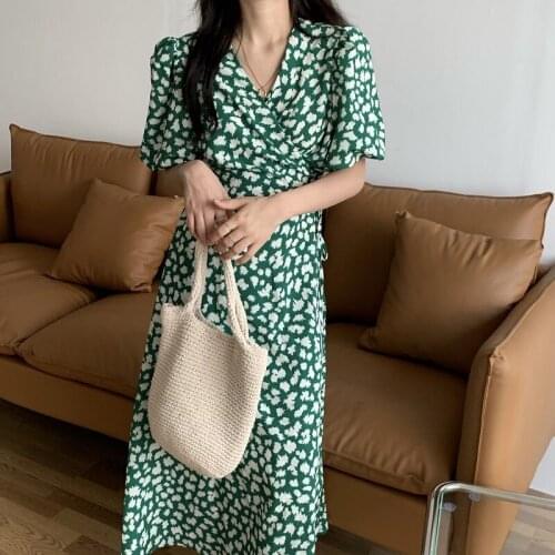 2021 New Green Women Floral Slim Printing Retro V-Neck Lace-Up High Waist Femme Prom Sweet Chic A-Line Vestidos Long Dresses