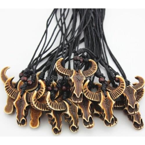 12pcs/lot Imitation Yak Bone Carved OM Tribal Cow Bull Head Skull Pendant Necklace Amulet Gift MN503