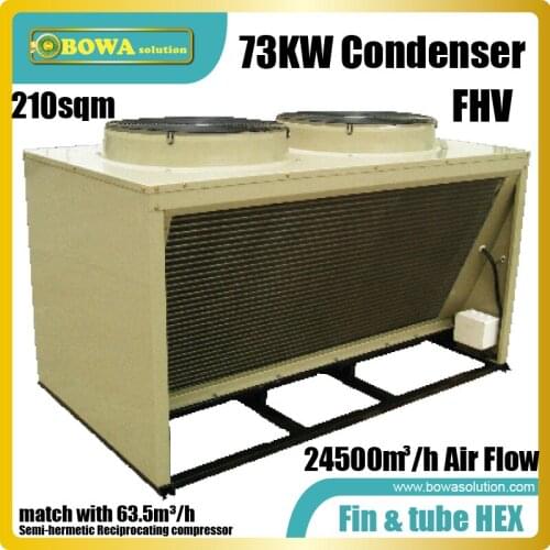 73KW box type condenser with V-shape coil matches with 63.5m3/h displacement multi-compressors rack for food process equipments