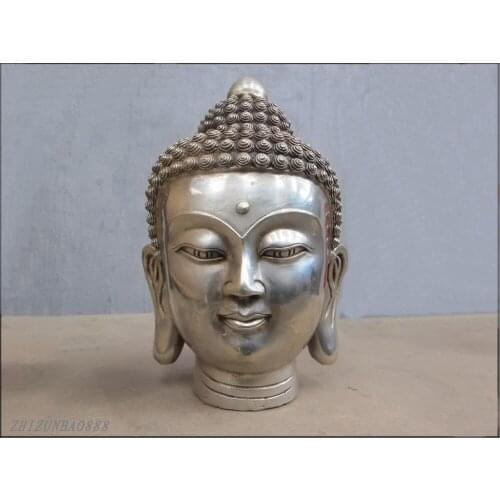9"Tibet Silver Sakyamuni Ru Lai Buddha head statue Garden Decoration Brass Bronze