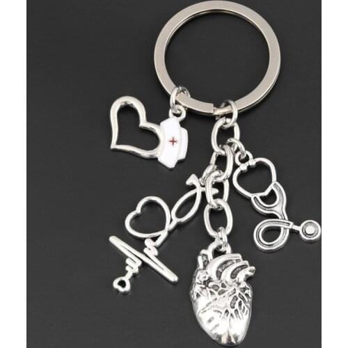 New Heartbeat Charms Keychain Medical Stethoscope Key Ring Heart Key Chain Doctor Nurse Gift For DIY Jewelry Handmade