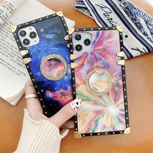 Fashion Starry sky Flowers Square Case For iPhone 12mini 11 Pro XR XS Max 7 8 Plus SE Ring Holder Phone cover For Samsung S21 20