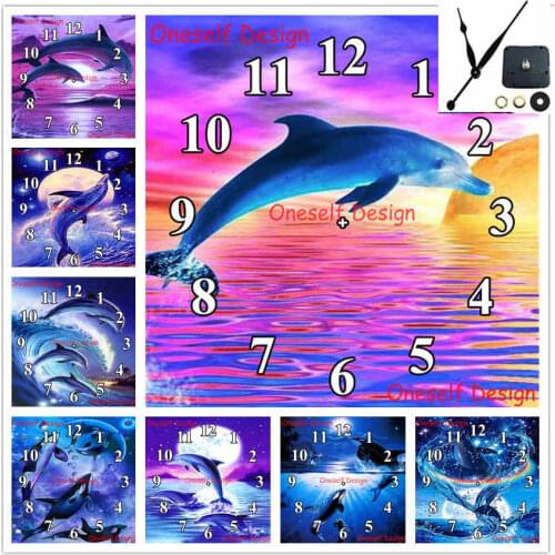 Dolphin 5d diamond painting cross stitch clock diamond embroidery Mechanical clock diamond mosaic diamond art kit wall sticker
