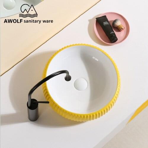 Art Bathroom Sinks Ceramic Vessel Modern Washing Basin Bowl Yellow White Above Counter Handmade Lavatary Sink AM894
