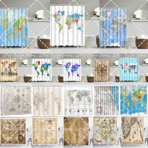 Map of the World with Detailed Major Cities Pattern Shower Curtain Printed Bath Printing Waterproof for Bathroom Decor World Map