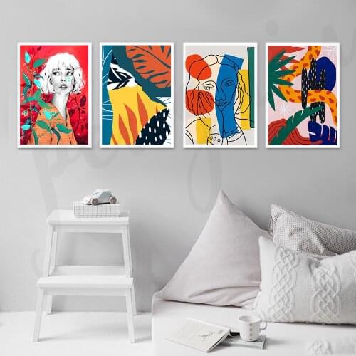 Colorful Green Plant and Girl Line Face Picture Wall Poster Modern Style Canvas Print Painting Art Living Room Decoration