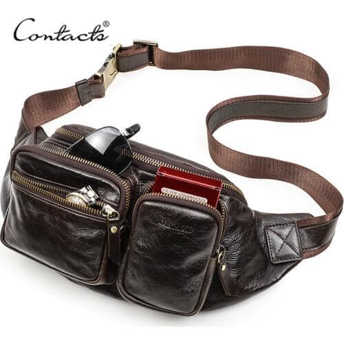 CONTACTS Genuine Leather Men Waist Pack Multifunction Small Crossbody Bag Travel Fanny Waist Pack Casual Chest Bags for Male