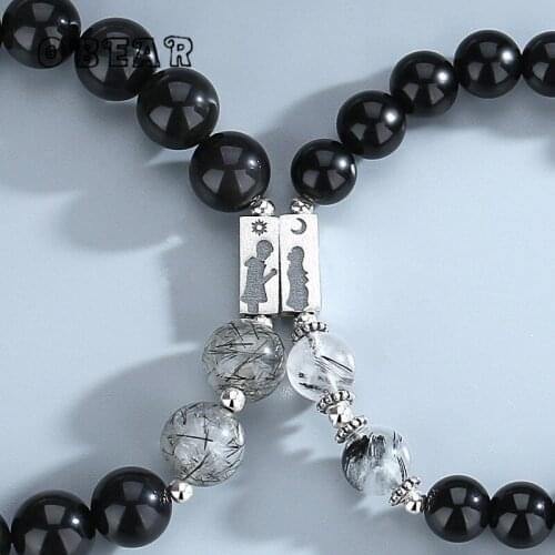 OBEAR 925 Sterling Silver Handmade Beaded Charm Obsidian Sun Moon Bracelet Men Women Couple Friendship Bracelet Jewelry