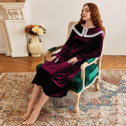 Autumn Winter New Lace Retro High Waist Dress Velour Thick Long Sleeve Women Sleepwear Nightgowns Leisure Homedress Negligee