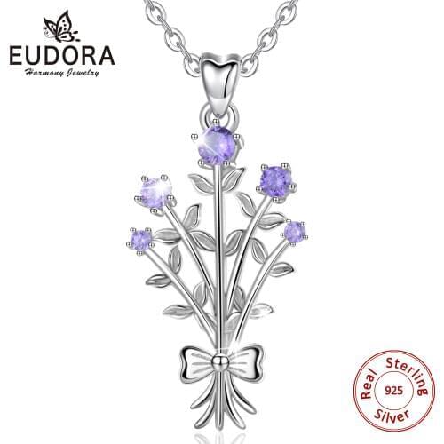 Eudora Sterling Silver bunch of Purple flowers necklace Purple CZ Pendants Women Jewelry for birthday gift for girlfriend D510