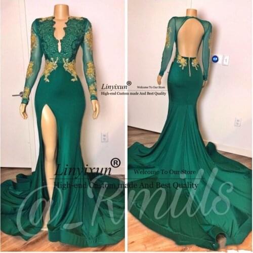 Sexy Backless Prom Dresses Mermaid Long Sleeves Hunter Green Gold Lace Beaded Deep V Neck Special Occasion Evening Dress