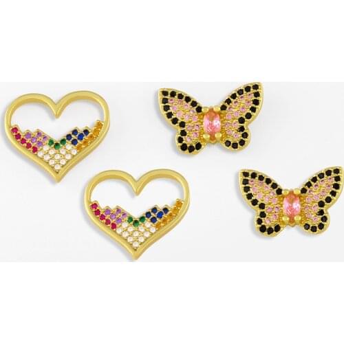 FLOLA Cute Micro Pave Butterfly Earrings For Women Multicolor Heart Stud Earrings Wholesale Jewelery Valentines Day Gifts ersw13
