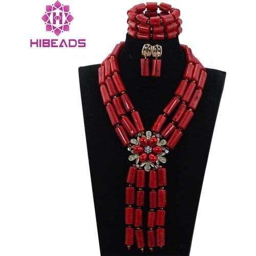 Fabulous Wine Red African Coral Beads Pendant Necklace Set Dubai Bridal Statement Necklace for Women 2017 CNR733