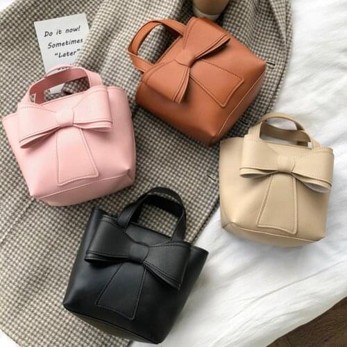 Popular Simple Female Daily Bag Women Vintage Pure Color PU Bowknot Bucket Large Handbag Shoulder Messenger Bag