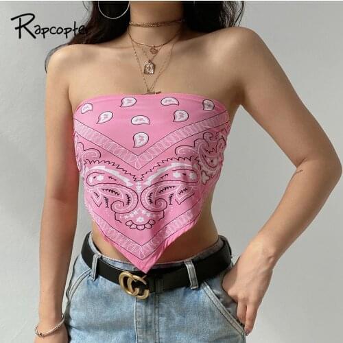 Rapcopter Printed Women Tube Top Strapless Backless Tops Skinny Sexy Y2K Crop Top Summer Tees Fashion Streetwear Beach Clubwear