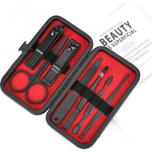 High Quality Water Cube PU Black Nail Manicure Tool Set Home Travel Convenient To Carry 7 Pcs Black Manicure Stainless Steel Set