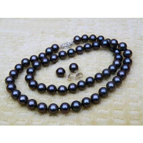HOT 9-10MM TAHITIAN BLACK SOUTH SEA AAA+ PEARL NECKLACE EARRING 925silver WHITE 18 I