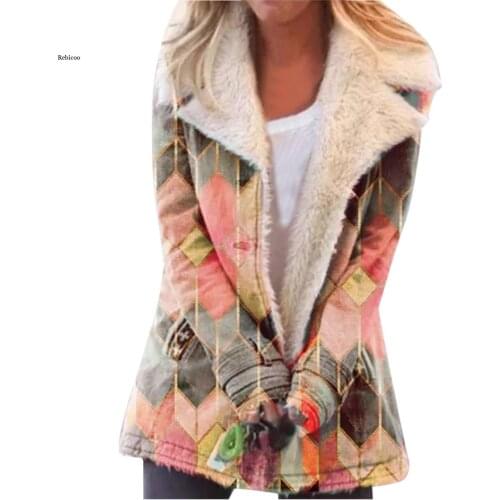 Winter Women Jacket New Lapel Printed Single-Breasted Long-Sleeved Plush Tops Jacket Kurtka Zimowa Damska Women Coat