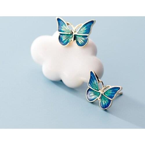 2021 Korea Style New Trendy Cute Butterfly Earrings Blue Green Enamel Golden Butterfly Stud Earrings Fashion Jewelry for Women