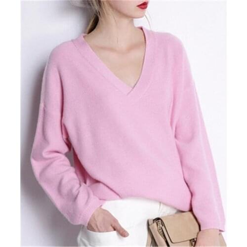 Large size goat cashmere v-neck knit women fashion solid loose pullover sweater pink 4color one&over size