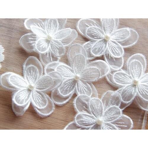 2 Layers Gorgeous White 3D Handmade Applique Lace Wedding Dress Pearl Flowers DIY Craft - Free Shipping