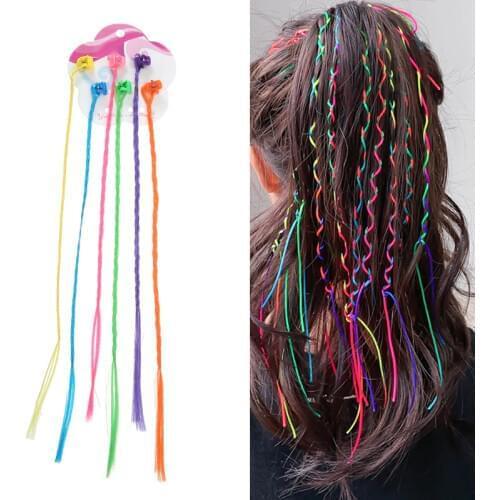 12pcs 30cm Kids Girls Colorful Nylon Braided Hair Clip-On Hair Extensions Attachments Childrens Pigtail Wig Hair Decoration