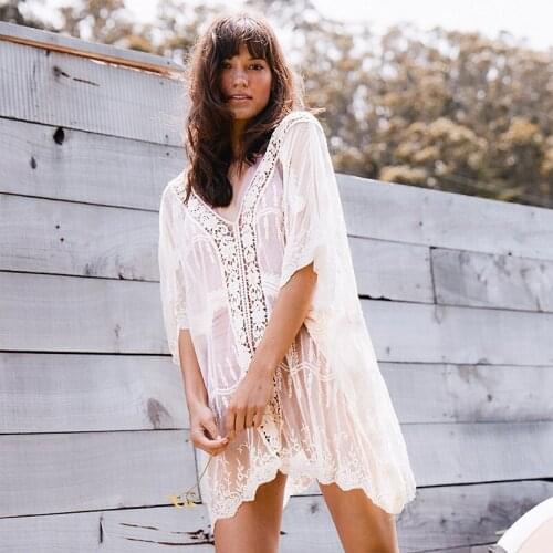 2021 Beach Vacation Bikini Swimsuit Women Lace Blouse Embroidered Hollow Mesh Shawl Beachwear Dress -40