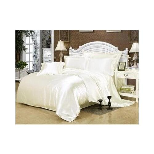 Cream white Silk bedding set Satin California king size queen full quilt duvet cover fitted bed in a bag sheet bedspread 5pcs