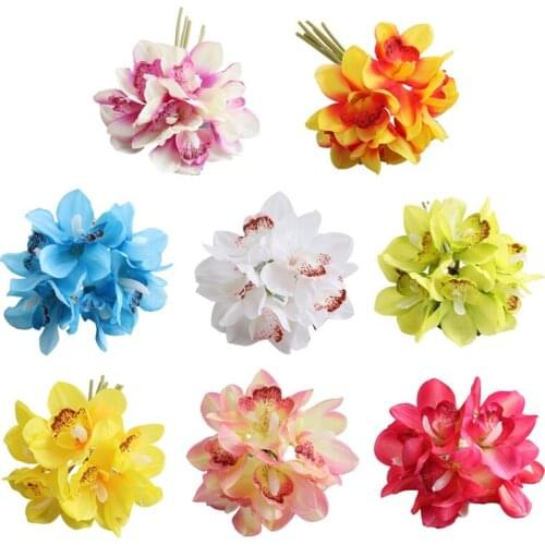6Pcs Artificial Cymbidium Flower Branch Silk Cloth Decorative Simulation Flowers for Wedding Festival Party Decor Multicolor
