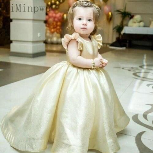 Sweet Ball Gown Flower Girl Dresses for Wedding O Neck Sweep Train Bow Ruffles Child Birthday Party Gowns Girls Pageant Dress