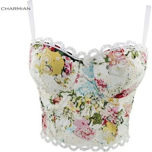 Charmian Floral Print Sweet B Cup Spaghetti Strap Sexy Harajuku Bustier Bra Fashion Summer Daily Casual Clubwear Crop Tops