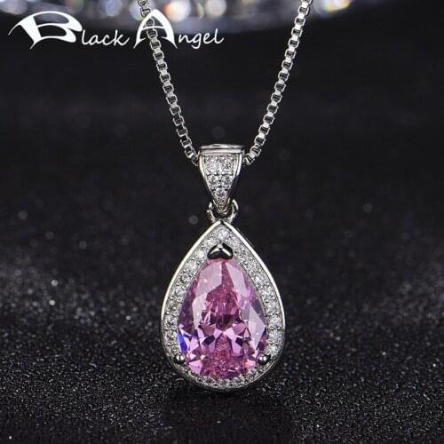 BLACK ANGEL 925 Sterling Silver Fashion Water Drop Pink Spinel CZ Topaz Gemstone Pendant Necklace for Women Jewelry Wedding Gift