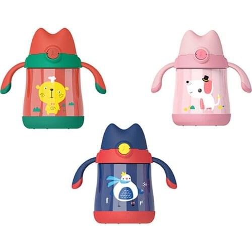 Cute cat childrens vacuum flask stainless steel straw water cup with lid cup strap cup with handle insulation kettle