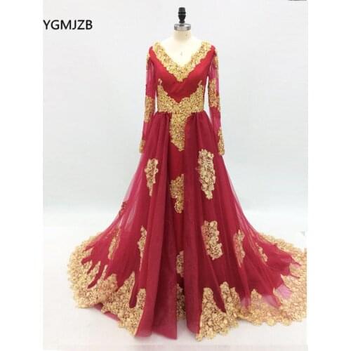 Long Prom Dresses 2018 New V Neck Gold Embroidery Beaded Crystal Long Sleeves Removable Skirt Arabic Women Formal Evening Gowns