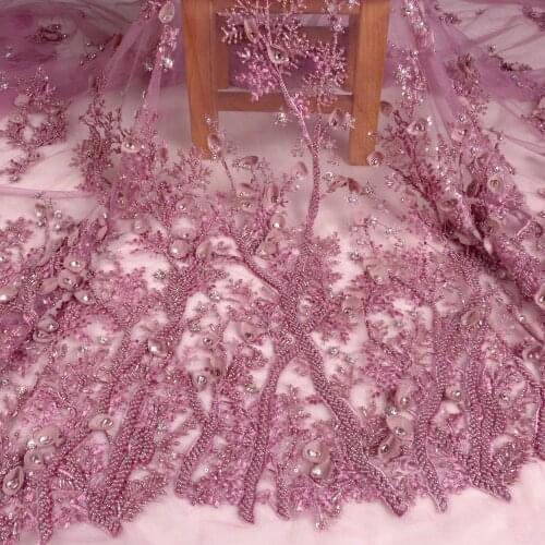 GOOD NEWS Restock some yards La Belleza dirty pink handmade beading crystal 3D flowers evening dress lace fabric 1 yard