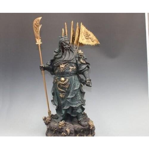 China Pure Bronze Painted Nine Dragon Guan Gong Warrior God Buddha Statue