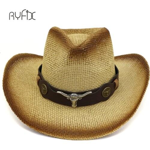 Cowboy Men Straw Panama Hat Belt Cow Decorate Wide Brimmed Hats For Summer Beach Male Hat HA177