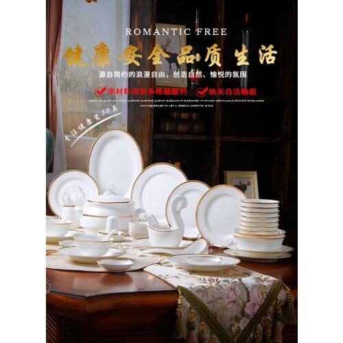 60pcs set, find bone china dinnerware set, gold design, pocelain korean kitchen, christmas plate set, gold dinner plate set