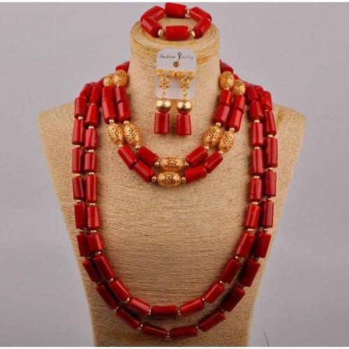 Nigerian Wedding African Beads Red Coral Jewelry Set Costume Necklace Bridal Jewelry Sets